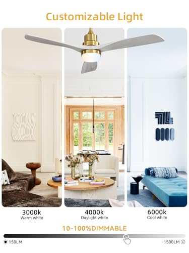 Image of Sofucor 52 Inch Wood Ceiling Fans with Lights and Remote, Indoor /Outdoor | Modern, 3 Blade, Quiet Reversible DC Motor, 3CCT Dimmable, 6 Speeds, Timer, Bedroom /Living Room /Patio /Kitchen, Gold+Grey