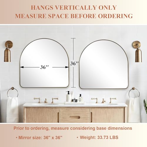 Image of ANDY STAR Arched Mirror, 36 x 36 Inch Brushed Gold Wall Mirror in Stainless Steel Metal Frame, Arch Top Rounded Corner 1 Inch Deep Set Design Wall Mount Hangs Vertical