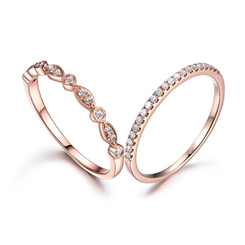 2pcs Half Eternity Diamond Wedding Ring,14K Rose gold,Anniversary,Art Deco,Stacking,Milgrain,Wedding Band
