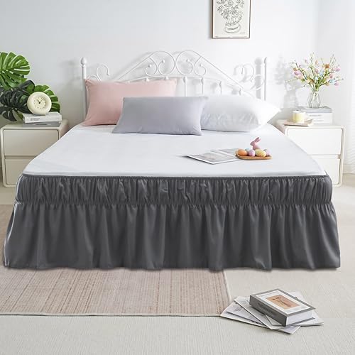 AYASW Bed Skirt 14 Inch Drop Dust Ruffle Three Fabric Sides Wrap Around with Adjustable Elastic No Top (Queen or King Gray)