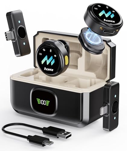 Wireless Lavalier Microphone for iPhone & Android Phones, Noise Reduction & Hi-Fi Audio & 24H Duration & 50M Range, Clips-on Magnetic Lapel Mic for Video Recording/Live Stream/Vlog/Podcast/Interview