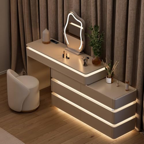 Image of homary Retractable L-Shaped Smart Makeup Vanity with LED Lighted Mirror, Built-in Charging Station, Touch Dimmable Lights, White Dressing Table with Storage Drawers for Bedroom, Stool Sold Separately