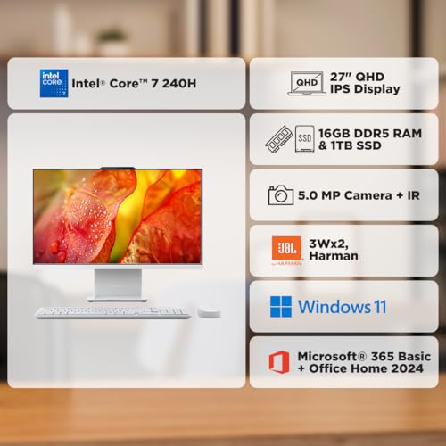 Image of Lenovo IdeaCentre AIO Intel Core 7 240H 27 inch QHD (16GB RAM /1TB SSD /Win11 /Microsoft 365 Basic + Office Home 2024 /3Wx2 Harman Speakers /Wireless EOS Keyboard & Mouse, Grey), F0HM00PXIN All-in-One Desktop