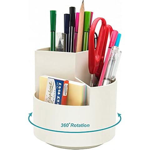 Siveit Desk Pencil Pen Holder, Desk Organizers 3 Slots 360-Degree Rotating Pen Holder for Desktop Storage Stationery Supplies Organizer, Home, Office, School, Kids, White Cover