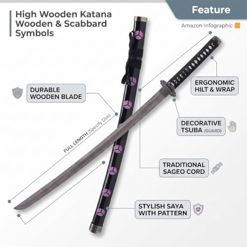 Image of OFFO One Piece Zoro Shusui Wooden Katana Replica 100cm Life Size Anime Collectible Prop for Cosplay, Display & Training | Lightweight Decorative Model Gift for Fans, Teens & Collectors