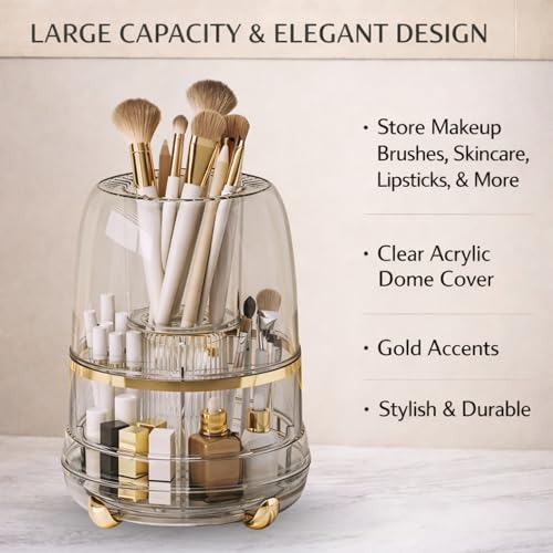 Image of KREPS 360 Rotating Makeup Brush Holder with Lid, Makeup Organizer for Nail Polish Perfume Lipstick Pen-Pencil Paint Brush Stationary, Multifunctional Dressing Table Storage