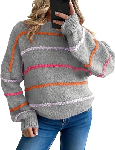 Image of QIBABU Womens Striped Sweaters Casual Lantern Sleeve Color Block Knit Pullover Sweater Tops