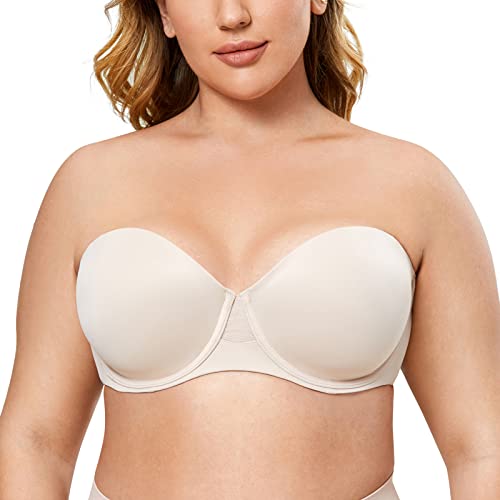 AISILIN Women's Strapless Bra Plus Size Molded Cup Full Coverage Bandeau Beige 36H