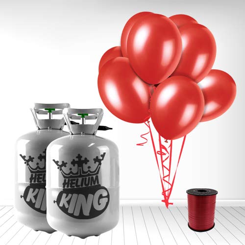 Disposable Helium Gas Cylinder with 30 Balloons and Curling Ribbon included (Ruby Red, Pack of 2) — image 1