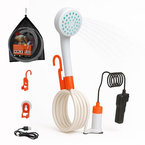 SEAFLO Ducha Portátil para Camping al Aire Libre con Batería Recargable, Flujo de 2.64 Galones por Minuto, Batería para 40 Minutos de Uso, Carga Tipo-C, Manguera de 80" (Con o Sin Balde de 2.6 Galones)