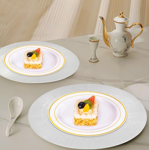 Eapmic 100 Pcs Plastic Charger Plates Bulk, 13 Inch Dinner Plate Chargers, Reusable Round Floral Plates for Wedding, Banquet, Party & Restaurant Decor (Silver)