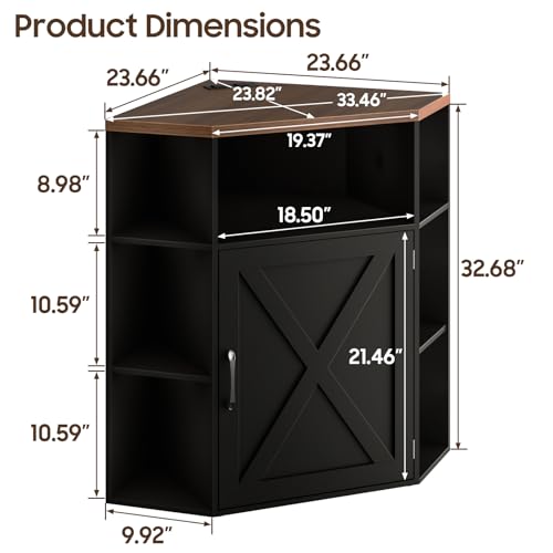 Image of Halitaa Corner Storage Cabinet, Farmhouse Corner Bookshelf with Storage 6-Cubby Wooden Cabinet with USB Ports and Outlets Industrial Organizer for Small Space, Study, Playroom, Black and Brown