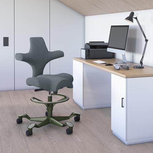 Image of HAG Capisco Sit to Stand Chair-Moss Green Frame-Upholstered Dark Gray-with Foot Ring