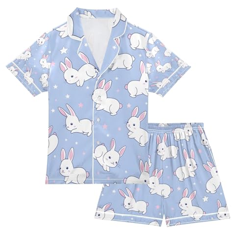 senya Rabbit Heart and Star Satin Summer Pajama Sets Silk Short Sleeve Button Down Sleepwear