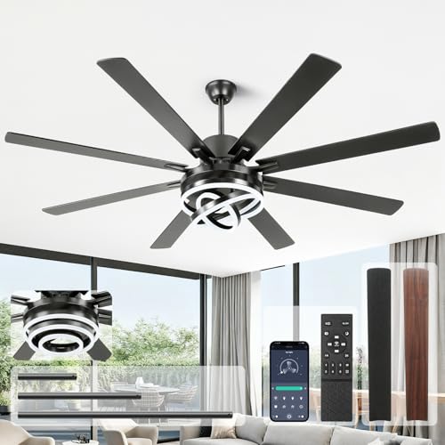 TIRUSUN 72 Inch Chandelier Ceiling Fans with Lights, Large Modern Ceiling Fan with Remote Control for Living Room Kitchen, Dimmable, 6 Speed Reversible DC Motor, Dual Finish，Black