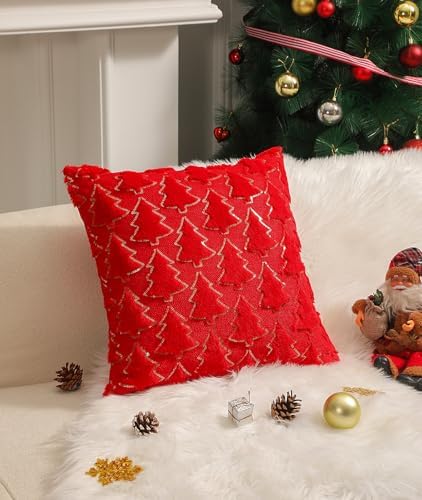 Capas de almofada quadradas decorativas de árvore de Natal vermel...
