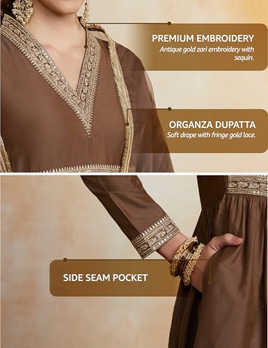 Image of Amazon Brand - Myx Women's Embroidered Anarkali Kurta Set with Organza Dupatta (Available in Plus Sizes)