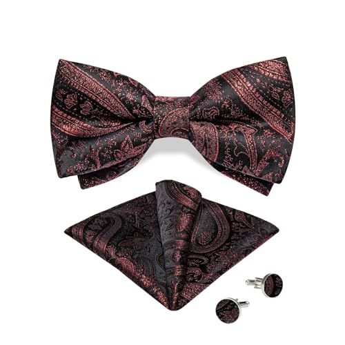 FENOKD Pre-Tied Bowtie for Man Wedding Business Paisley Silk Men's Bow Tie Pocket Square Cufflinks Set (White Dinosaur Doodle4 As Shown)