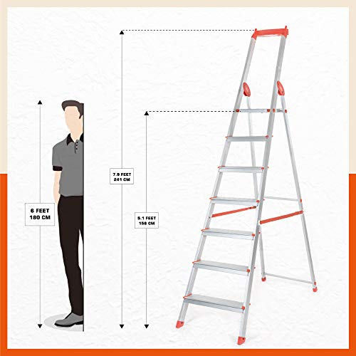 Image of Bathla Elevate 7-Step Foldable Aluminium Ladder for Home with Tool Tray | Anti-Skid | Durable, Heavy Duty, Safe & Stylish | 5-Year Warranty | Orange