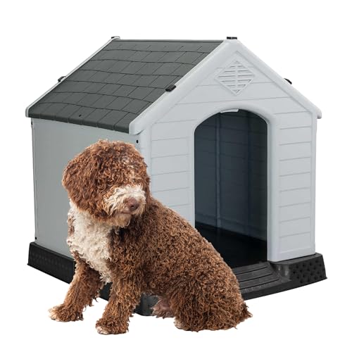 Aqpet Cuccia per Cani in Plastica per Esterno Interno Casa Giardino, Impermeabile con Pavimento Rialzato, per Cani Taglia Grande 105 X 96 X 98 H, Grigio