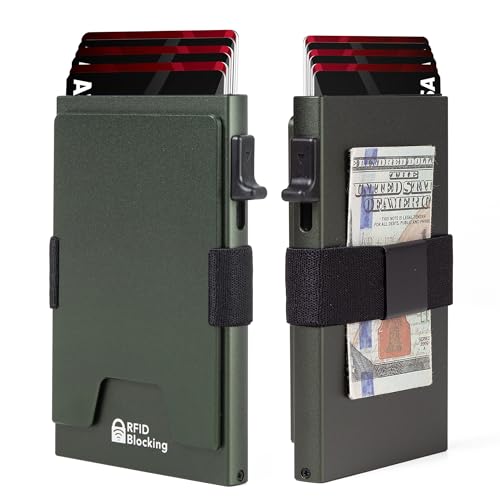 Image of Minimalist Mens Card Holder Wallet, RFID Blocking Slim Smart Pop Up Aluminum Wallet,Holds 12+ Cards,Expandable Compact Plate,Cash Strap /Money Clip (Olive Green)