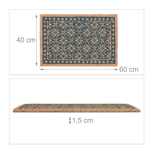 Relaxdays Fußmatte aus Kokos, florales Design, Türmatte außen & innen, gummierte Kokosmatte 60x40 cm, blau/Natur