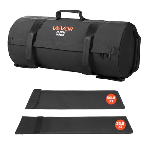VEVOR Saco de Arena para Fitness, Resistente, con Asas, Ajustable, de 11 a 34 kg, para Entrenamiento de Fuerza, Entrenamiento Cruzado y Gimnasio en Casa, Negro, sin Relleno, 620 x 275 x 275 mm
