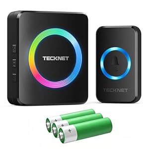 TECKNET Funkklingel Batteriebetrieben, Mini kabelloses Türklingel 400M, IP66 Aussen Wasserdicht Funk klingel Set, 5 Lautstärkestufen Haustür Klingel, und 60 Melodien doorbell Mit RGB-Anzeige