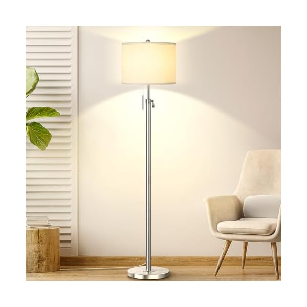 Brushed Nickel Floor Lamp for Living Room, Adjustable Height Standing Lamp with Metal Base, 3-Way Dimmable Tall Pole Light with White Linen Shade for Bedroom, Pull Chain Switch, 6W LED Bulb Included