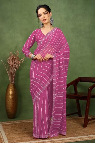 Image of MIRCHI FASHION Saree for Woman Georgette Solid with Satin Stripes | Stone Border Farewell and Ceremonial Sari with Blouse Piece