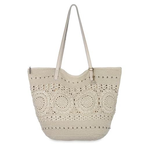 Image of The Sak Faye Tote Bag - Hand Crochet Women's Purse For Everyday & Travel - Handbag With Zipper Pocket & Shoulder Straps