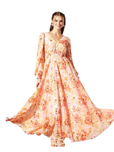 Image of Miss Chase Women's Multicolored-Base-Brown Relaxed Fit Maxi Lurex Chiffon Dress