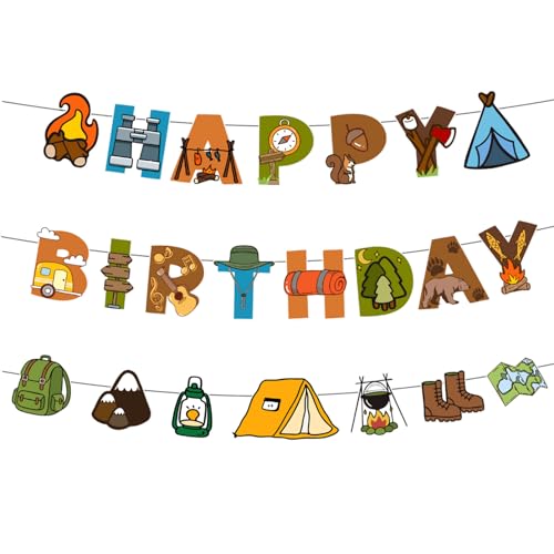 Neyeidru Camping Happy Birthday Banner - Garland Sign Outdoor Hiking Yard Campsite Decor Campfire Tent Oil Lamp Adventure Party Supplies