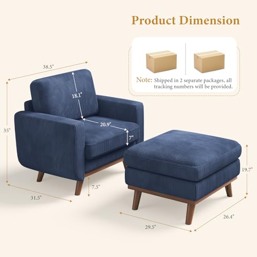 Image of Vesgantti 38.5 inch Accent Chair with Movable Ottoman, Comfy Corduroy Armchair with Spring Cushion, Reading Chair with Ottoman, Modern Single Sofa for Living Room, Bedroom and Apartment, Dark Blue