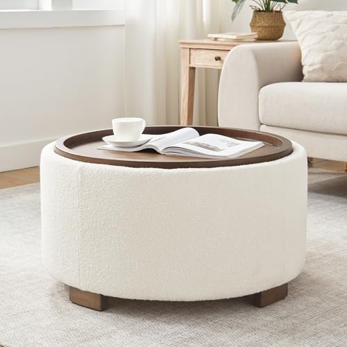 Zihanhome 30 Inch Round Storage Ottoman Coffee Table, Modern Boucle Ottoman with Lift-Off...