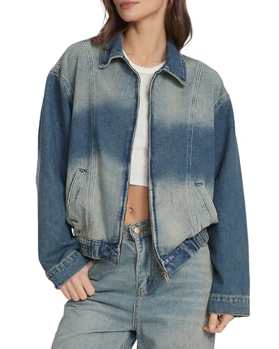 YEXPINE Womens Zip Up Denim Jacket Button Down Long Sleeve Vintage Bomber Jackets