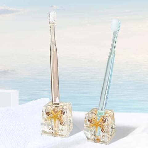 FONMY Mini Couple Toothbrush Holder Stand-Acrylic w/Nature Seashell Handmade Seascape Razor Holders Organizer for Bathroom Vanity Countertops Office Unique Gifts and Home Decoration,Clear,Squre Cover