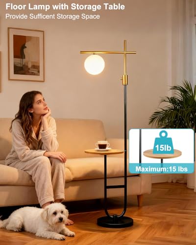 Image of Lightdot 66IN Gold&Black Dimmable Floor Lamps with Storage Table, Modern Standing Tall Lamp with Milky White Globe Lampshade, Cross-Shaped Lamp Head and U-Pole Base Style for Living Room /Bedroom