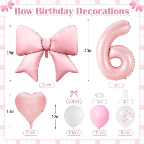 Image of 6th Birthday Decorations for Girl,Pink 6 Balloons for Party Decorations | 6 Year Old Birthday Decoration,Anniversary Party Decor,Pink White Balloons,Bow Print Balloons,Heart Balloons