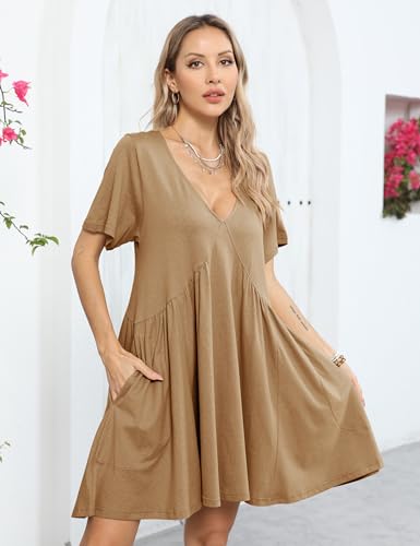 Image of Gozoloma Women Summer Short Sleeve Mini Dress Casual Loose V Neck Flowy Sundress Vacation Tshirt Sun Dress with Pockets