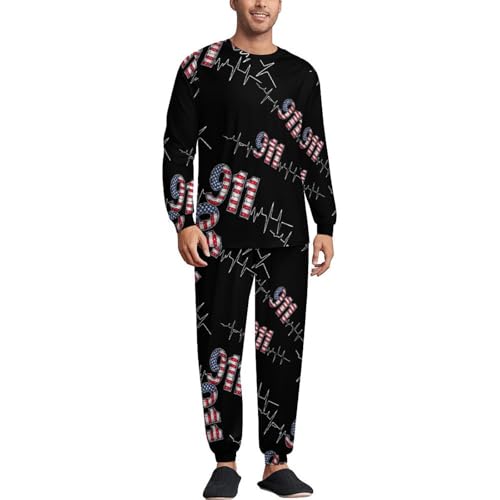 911 Vintage USA Flag Heartbeat EKG Pajama Set Long Sleeve Lounge Sets Sleepwear 2 Pjs Nightwear for Men Women XL