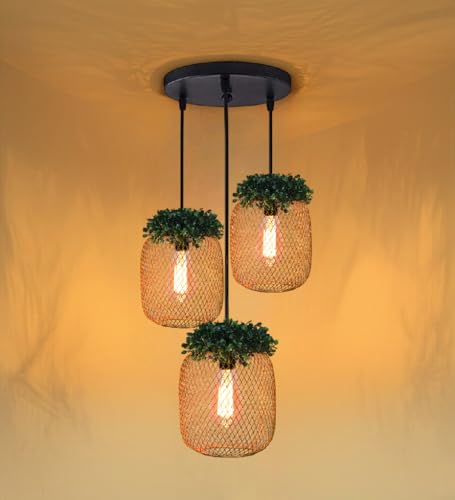 Image of Groeien 3-Light Industrial Gold Finish Metal Mesh Leaf Hanging Pendant Ceiling Lamp Fixture | Chandelier for Home, Indoor, Outdoor,Living Room, Bedroom(Bulb Included)