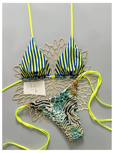 Ensemble bikini vert léopard avec col licou et bas string à nouer