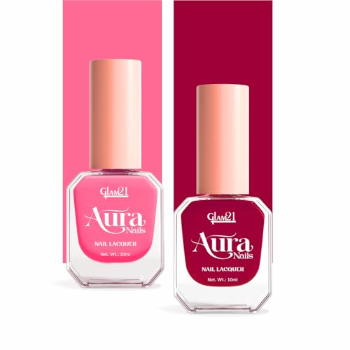 Image of Glam21 Aura Nails Nail Lacquer |Long-Lasting, Quick-Dry, High-Shine Nail Enamel|Chip-Free Formula|Smooth Application & Vibrant Finish| 10ml | Pack Of 2 (Taffy Pink & Rose Rave)