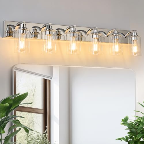 Image of 6-Light Bathroom Light Fixtures Modern Chrome Vanity Lights | Easy to Install Clear Glass Shades, Wall Mount Up or Down, E26 Socket, Hardwired, 129V