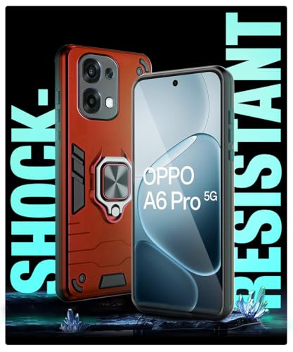 Image of WOW IMAGINE Shock Proof Back Case Mobile Cover for Oppo A6 Pro 5G | Back Cover Case (Tough Armor | Hybrid PC + TPU | Ring Holder & in-Built Kickstand | Red)