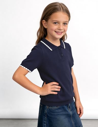 Image of Girls Short Sleeve Polo Shirt V Neck Button Down Shirts Summer Knit School Uniform Crop Tops