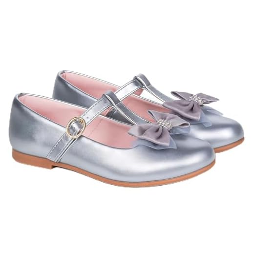 My ToT Sapatilha Mary Jane Infantil, Dourada com Laço, Verniz Sintético, Festa, Tira em T (Prata, BR, Criança de 9 a 12 anos, Numérico, 32)