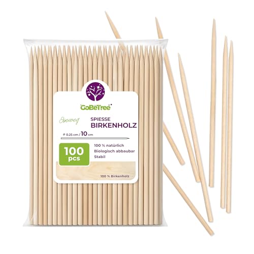 100 Premium Schaschlikspieße Holz 10 cm x 2 5 mm | Extra Robuste Grillspieße aus Birkenholz für Fleisch Obst & BBQ | Vielseitige Holzspieße zum Grillen & Basteln