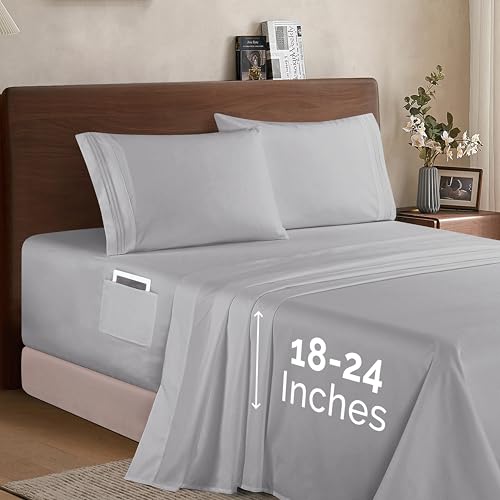 Elegant Comfort Luxury 1500 Premium Hotel Quality Microfiber 4-Piece Sheet Set - Soft, All Around Elastic 18-24 Inches Deep Fitted Sheet - Extra Deep Pocket Sheets, California King, Silver Grey